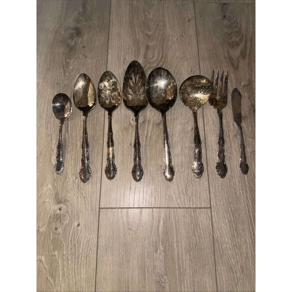 8 Pc Serving Spoons Ladle Fork Rogers Oneida Flirtation 1959 vintage Silverplate